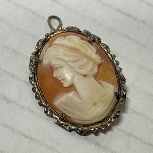 Antique Victorian 925 Silver Cameo Conch Shell Carved Pendant Sterling Lady